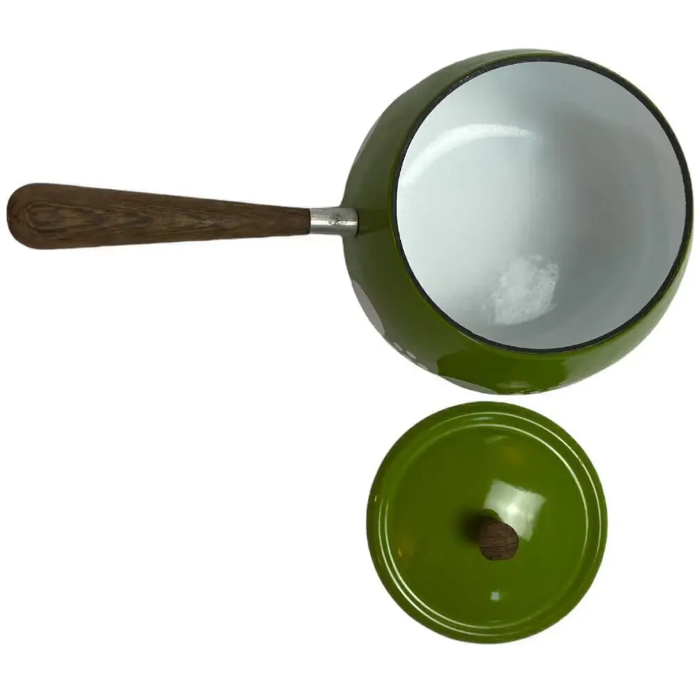 Mid Century Modern Green Circle Enamel Fondue Sauce Pot with Wood Handle & Lid